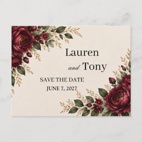 Elegant Burgundy Floral Save the Date Wedding Card