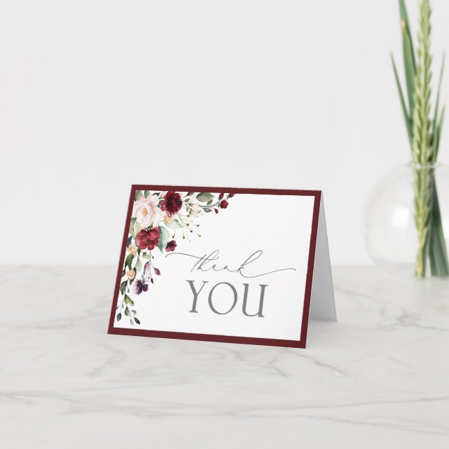 Elegant Burgundy Floral ScriptThank You Card (Front)