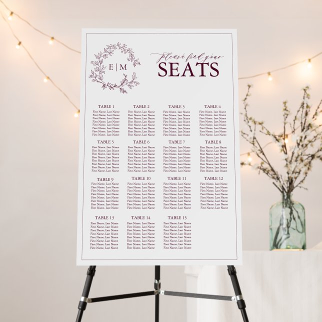 Elegant Burgundy Floral Seating Chart Foam Board (In Situ (Stand))