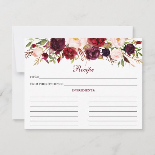Elegant Burgundy Floral Shower Recipe Card