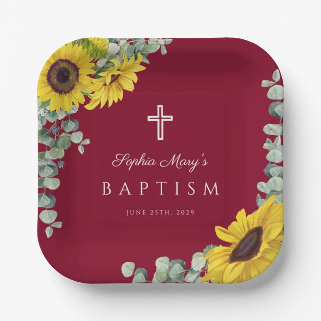 Elegant Burgundy Floral Sunflowers Cross Baptism Paper Plates (Front)