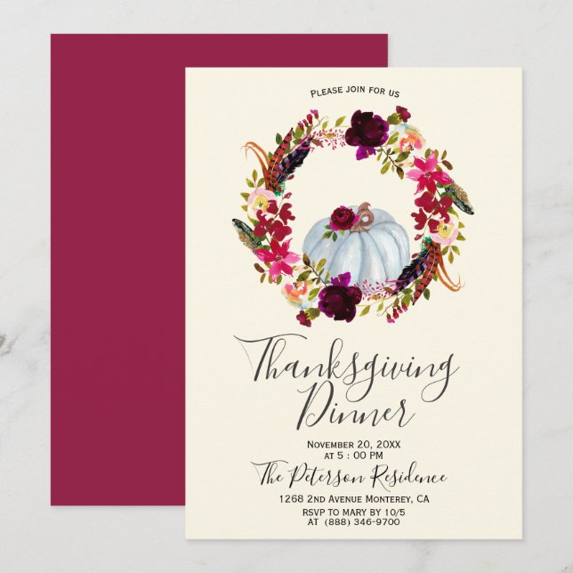 Elegant Burgundy Floral Thanksgiving Invitations (Front/Back)
