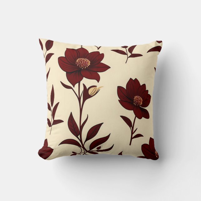 Elegant Burgundy Floral Throw Pillow (Front)
