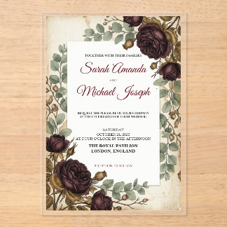 Elegant Burgundy Floral Vintage Wedding Invitation