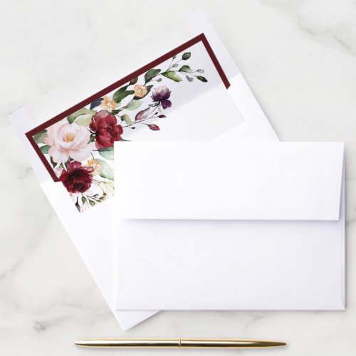 Elegant Burgundy Floral Watercolor Bridal Shower Envelope Liner