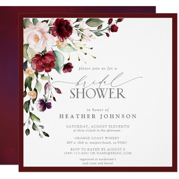 Elegant Burgundy Floral Watercolor Bridal Shower Invitation | Zazzle.com