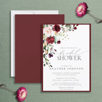Elegant Burgundy Floral Watercolor Bridal Shower Invitation by elegant_invites_ at Zazzle