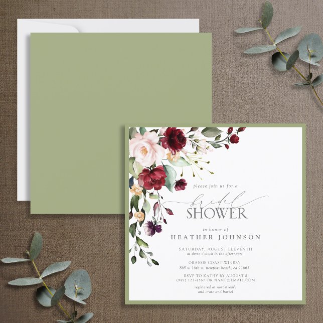 Elegant Burgundy Floral Watercolor Bridal Shower Invitation