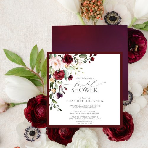 Elegant Burgundy Floral Watercolor Bridal Shower Invitation