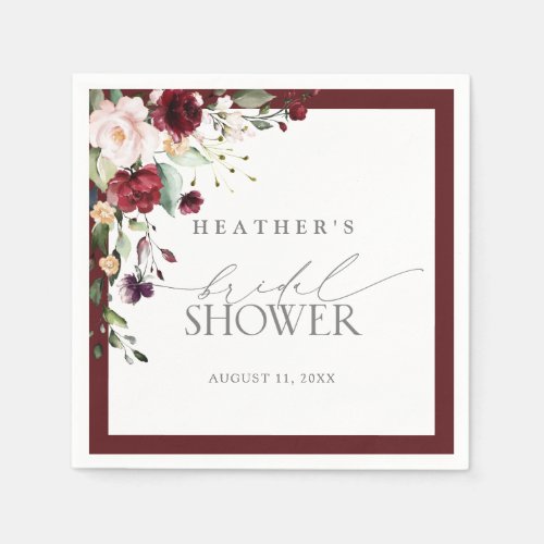 Elegant Burgundy Floral Watercolor Bridal Shower Napkins
