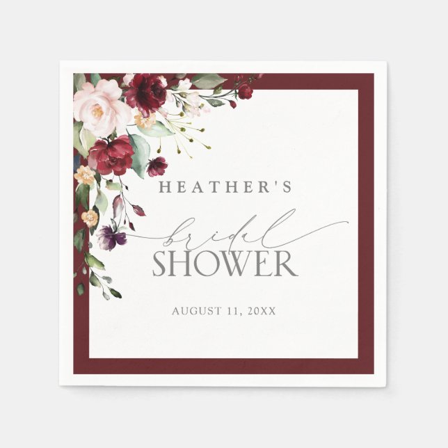 Elegant Burgundy Floral Watercolor Bridal Shower Napkins (Front)