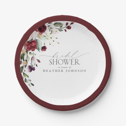 Elegant Burgundy Floral Watercolor Bridal Shower Paper Plates