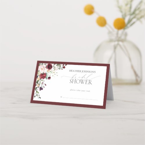 Elegant Burgundy Floral Watercolor Bridal Shower Place Card
