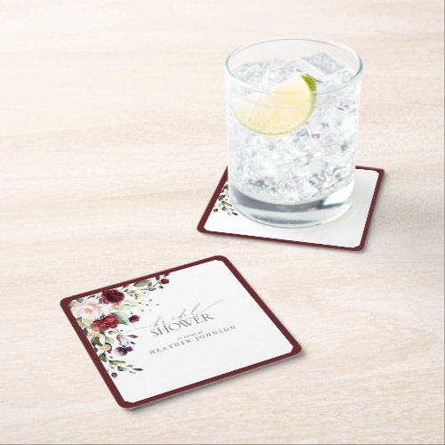 Elegant Burgundy Floral Watercolor Bridal Shower Square Paper Coaster