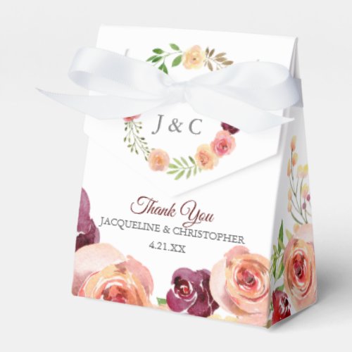 Elegant Burgundy Floral Watercolor Peony Wedding Favor Boxes