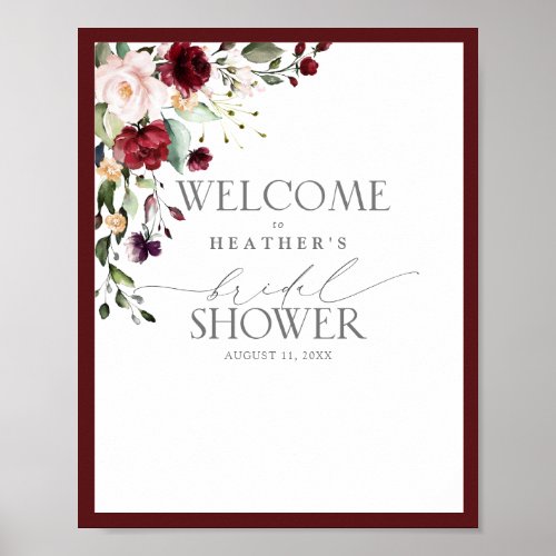 Elegant Burgundy Floral Watercolor Shower Welcome Poster