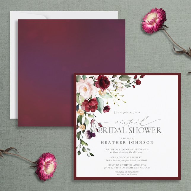 Elegant Burgundy Floral Watercolor Virtual Shower Invitation (Creator Uploaded)
