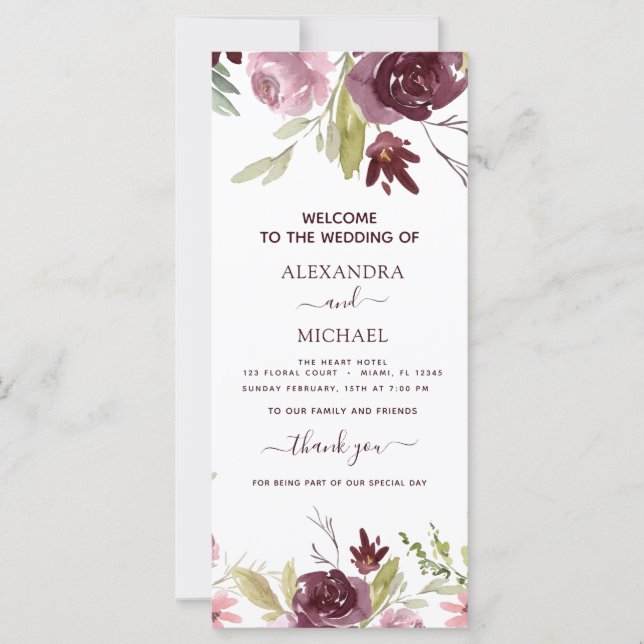 Elegant Burgundy Floral Watercolor Wedding Program (Front)