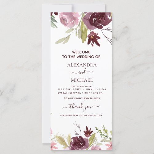 Elegant Burgundy Floral Watercolor Wedding Program