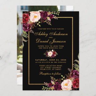 Elegant Burgundy Floral Wedding Black Gold Photo Invitation