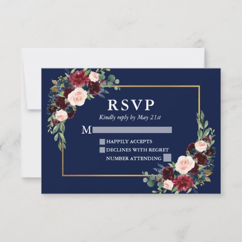 Elegant Burgundy Floral Wedding Blue Gold Frame RSVP Card