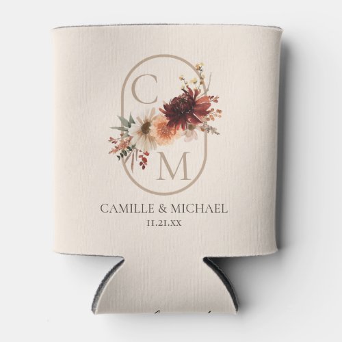 Elegant Burgundy Floral Wedding Can Cooler