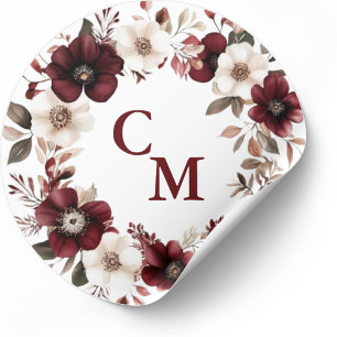 Elegant Burgundy Floral Wedding Classic Round Sticker