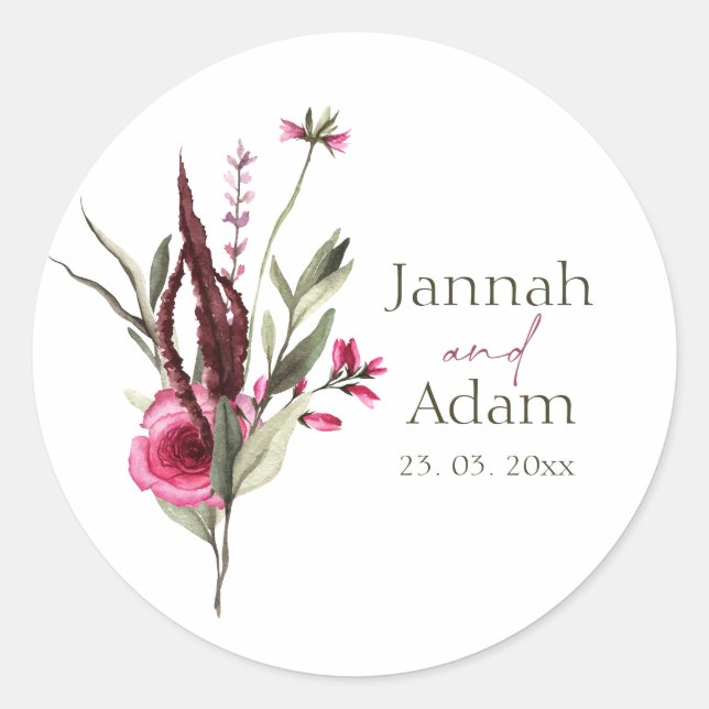 Elegant Burgundy Floral Wedding Favor Classic Round Sticker (Front)
