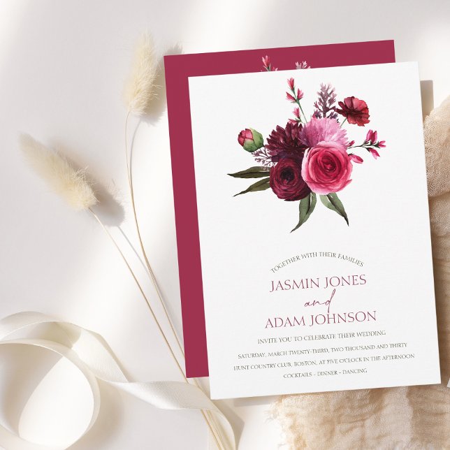 Elegant Burgundy Floral Wedding Invitation (Elegant Burgundy Floral Bouquet Wedding Invitation)