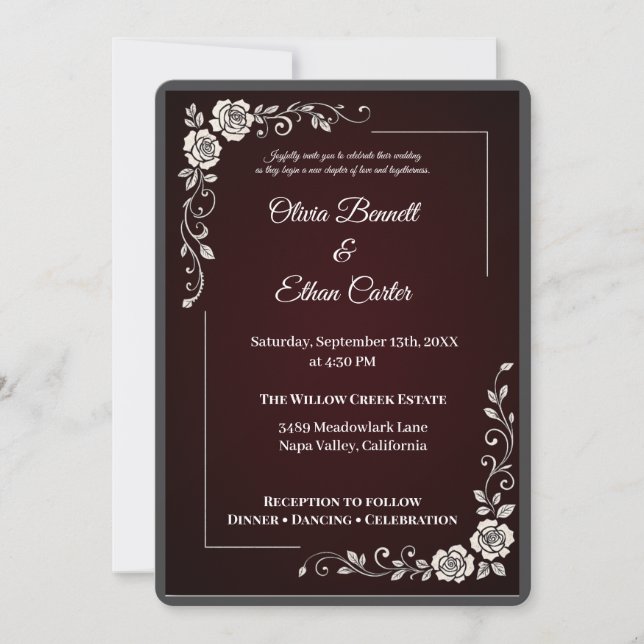 Elegant Burgundy Floral Wedding Invitation (Front)