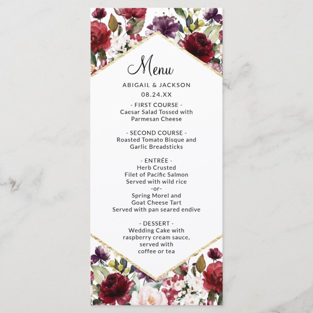 Elegant Burgundy Floral Wedding Reception Dinner Menu (Front)