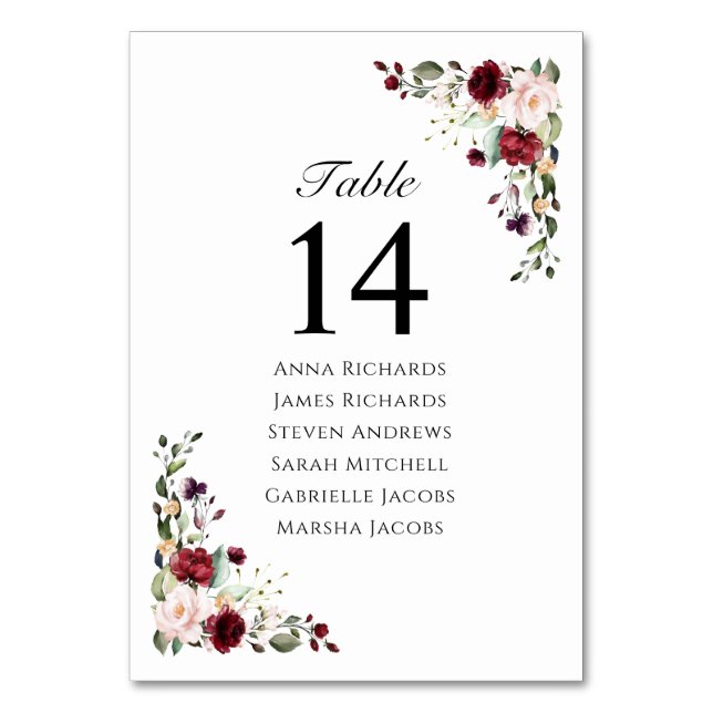 Elegant Burgundy Floral Wedding Reception Seating Table Number (Front)