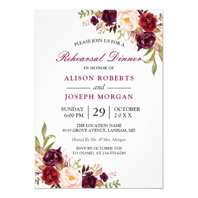 Elegant Burgundy Floral Wedding Rehearsal Dinner Invitation