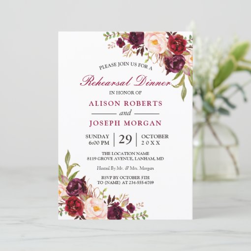 Elegant Burgundy Floral Wedding Rehearsal Dinner Invitation | Zazzle