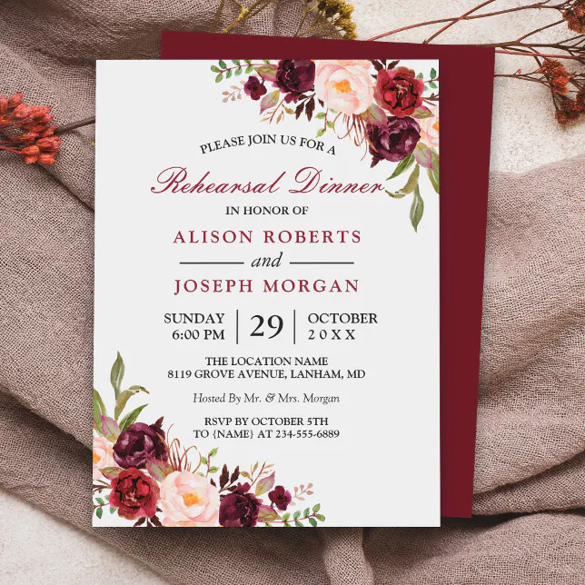 Elegant Burgundy Floral Wedding Rehearsal Dinner Invitation Zazzle