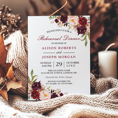 Elegant Burgundy Floral Wedding Rehearsal Dinner Invitation