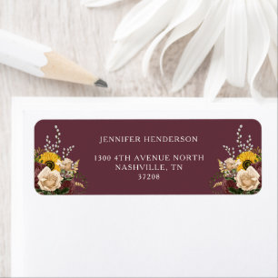 Elegant Burgundy Floral Wedding Return Address Label