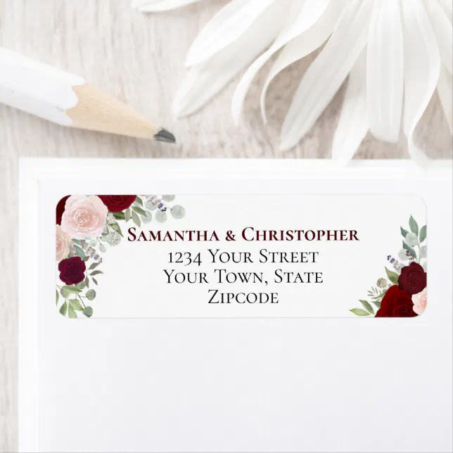 Elegant Burgundy Floral Wedding Return Address Label | Zazzle