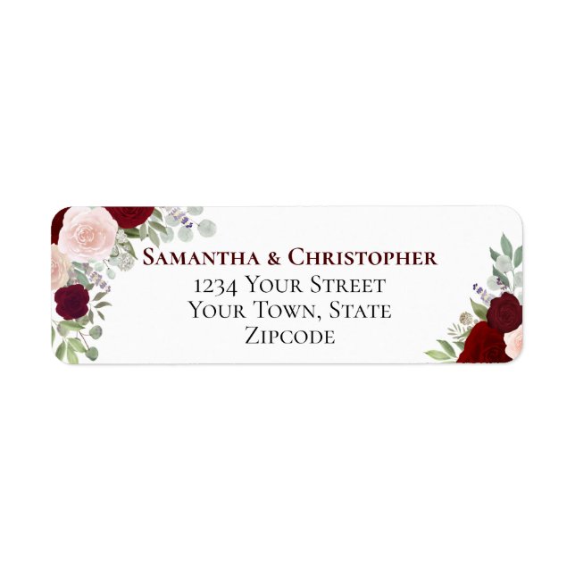 Elegant Burgundy Floral Wedding Return Address Label (Front)
