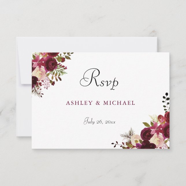 Elegant Burgundy Floral Wedding RSVP (Front)