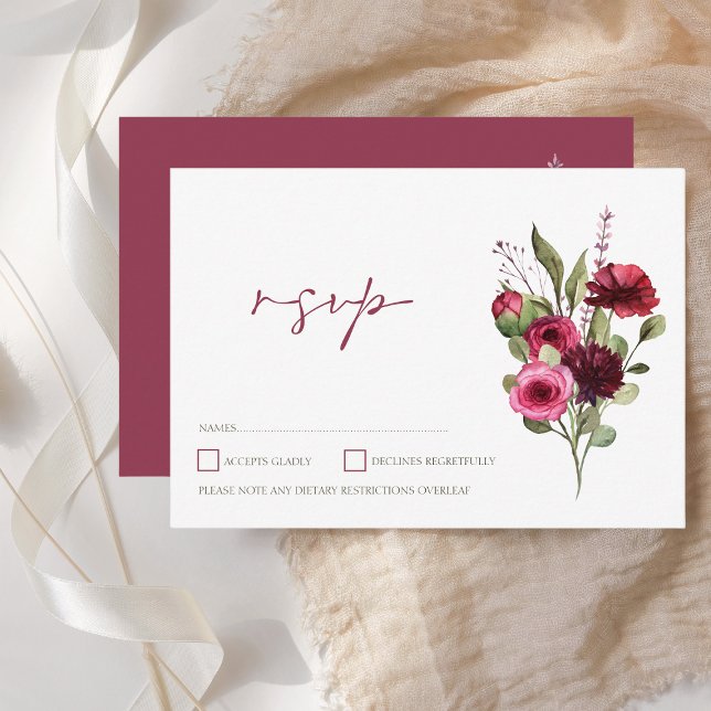 Elegant Burgundy Floral Wedding RSVP (Elegant Burgundy Floral Bouquet Wedding RSVP Card)