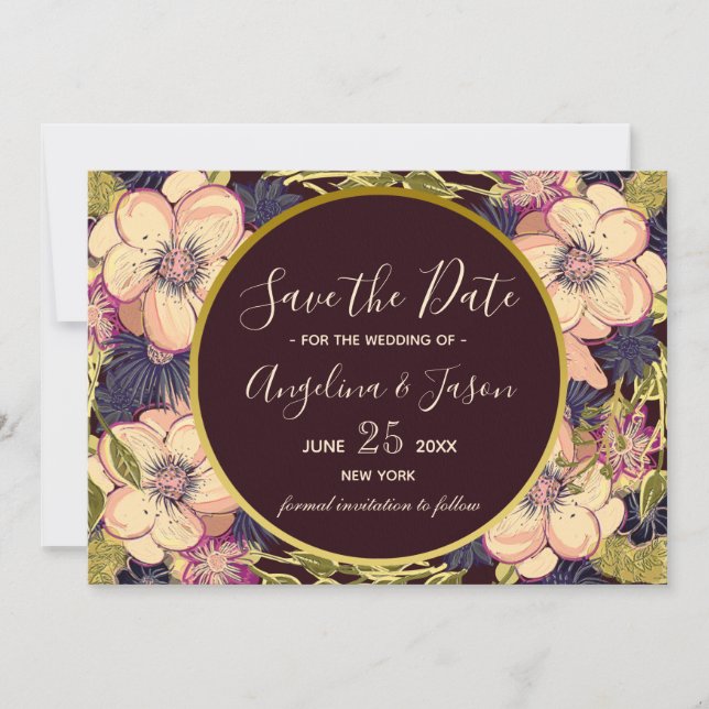 Elegant Burgundy Floral Wedding Save The Date (Front)