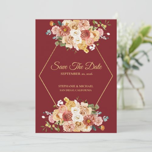 Elegant Burgundy Floral Wedding Save The Date Card