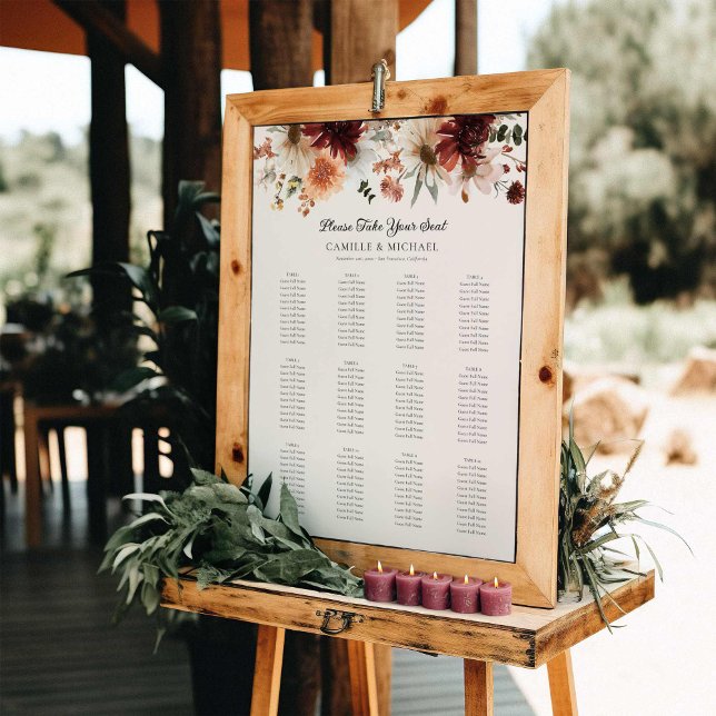 Elegant Burgundy Floral Wedding Seating Chart Foam Board (Boho Burgundy Floral Wedding Seating Chart)