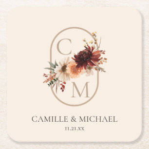 Elegant Burgundy Floral Wedding Square Paper Coast Coaster