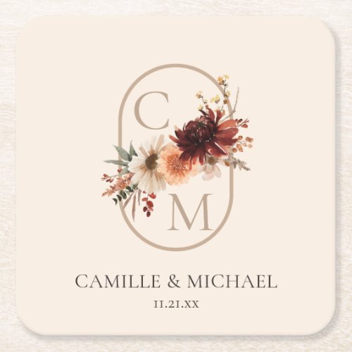 Elegant Burgundy Floral Wedding Square Paper Coast Coaster