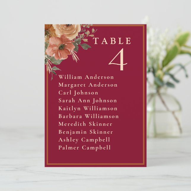 Elegant Burgundy Floral Wedding Table Seating Card (Standing Front)