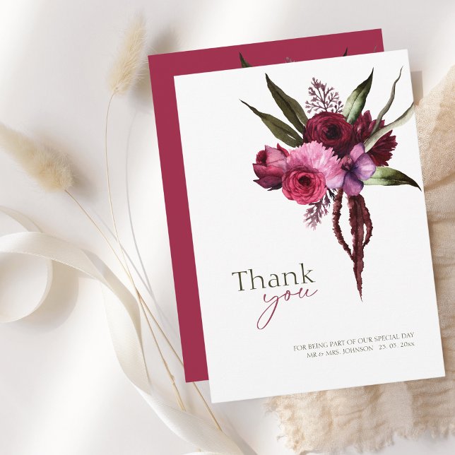 Elegant Burgundy Floral Wedding Thank You Invitation (Elegant Burgundy Floral Wedding Thank You Card)