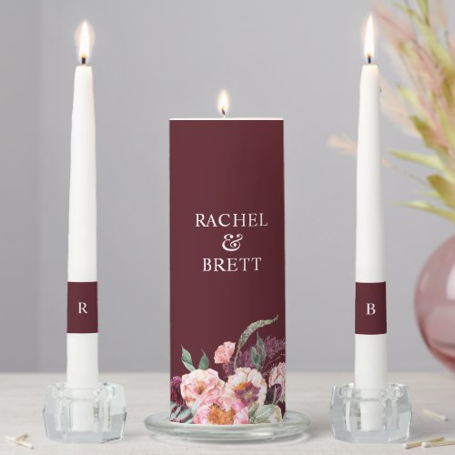 Elegant Burgundy Floral Wedding Unity Candle Set