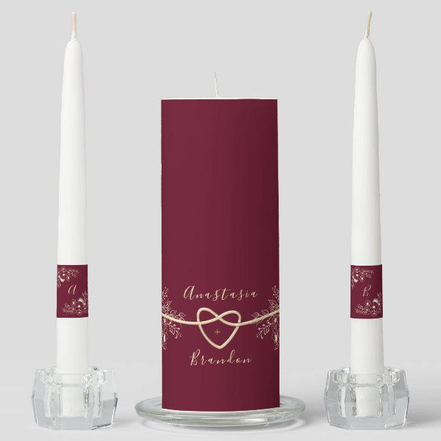 Elegant Burgundy Floral Wedding  Unity Candle Set (Front)